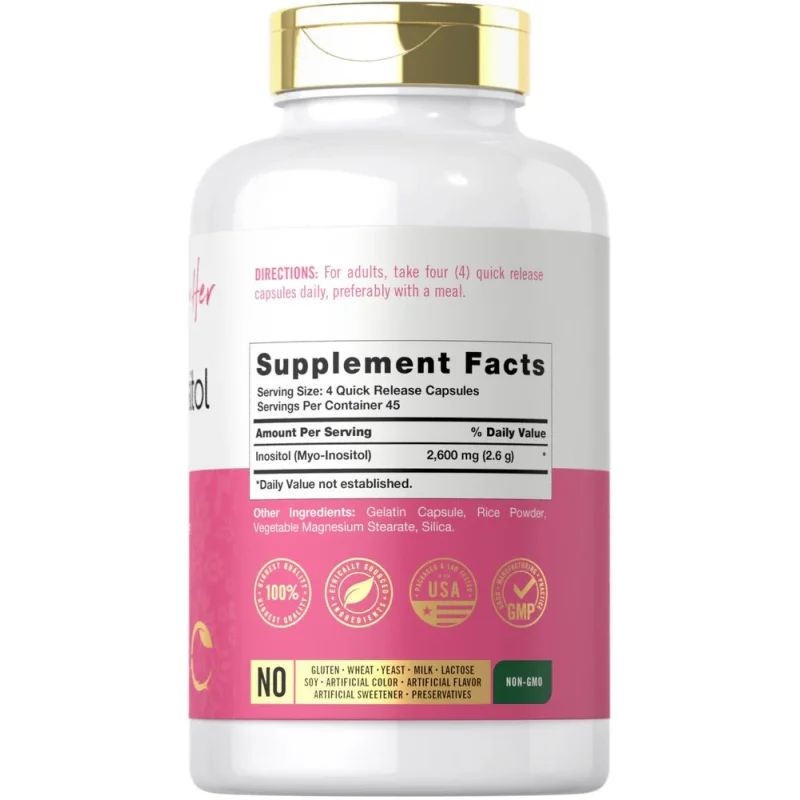 Carlyle Nutritionals მიო-ინოზიტოლის ბოთლის უკანა მხარე კვებითი ინფორმაციით