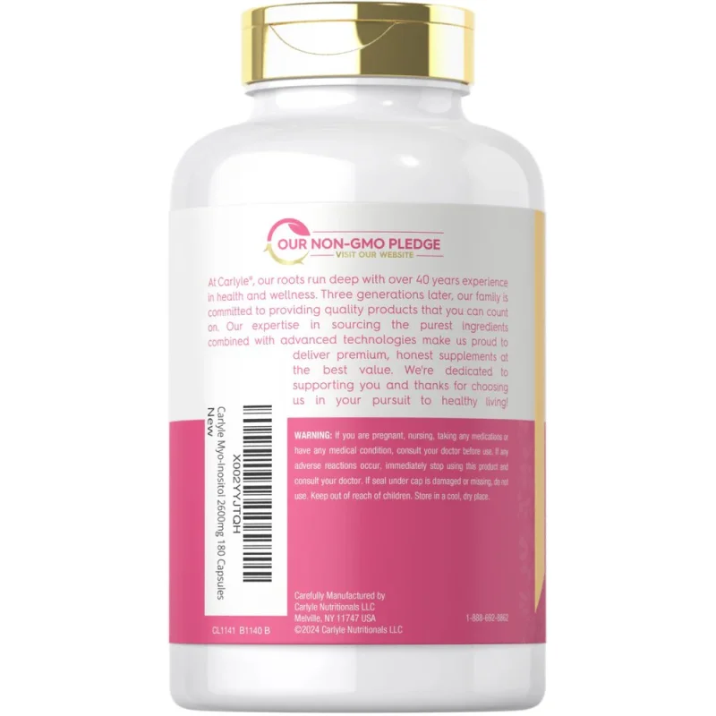 Carlyle Nutritionals მიო-ინოზიტოლის ბოთლის უკანა მხარე მწარმოებლის ინფორმაციით